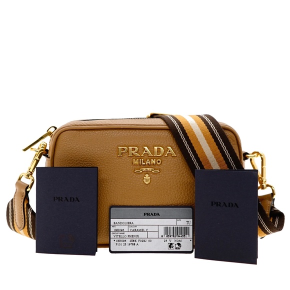 Prada Crossbody Camera Bag Guitar Strap Caramel Leather 1BH096 New - Picture 4 of 6
